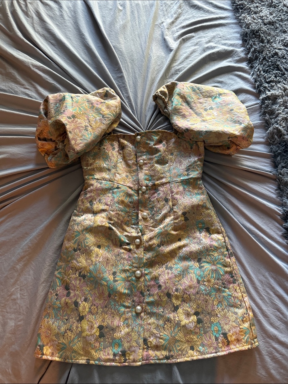 Floral Brocade Puff-Sleeve Mini Dress in Gold and Teal